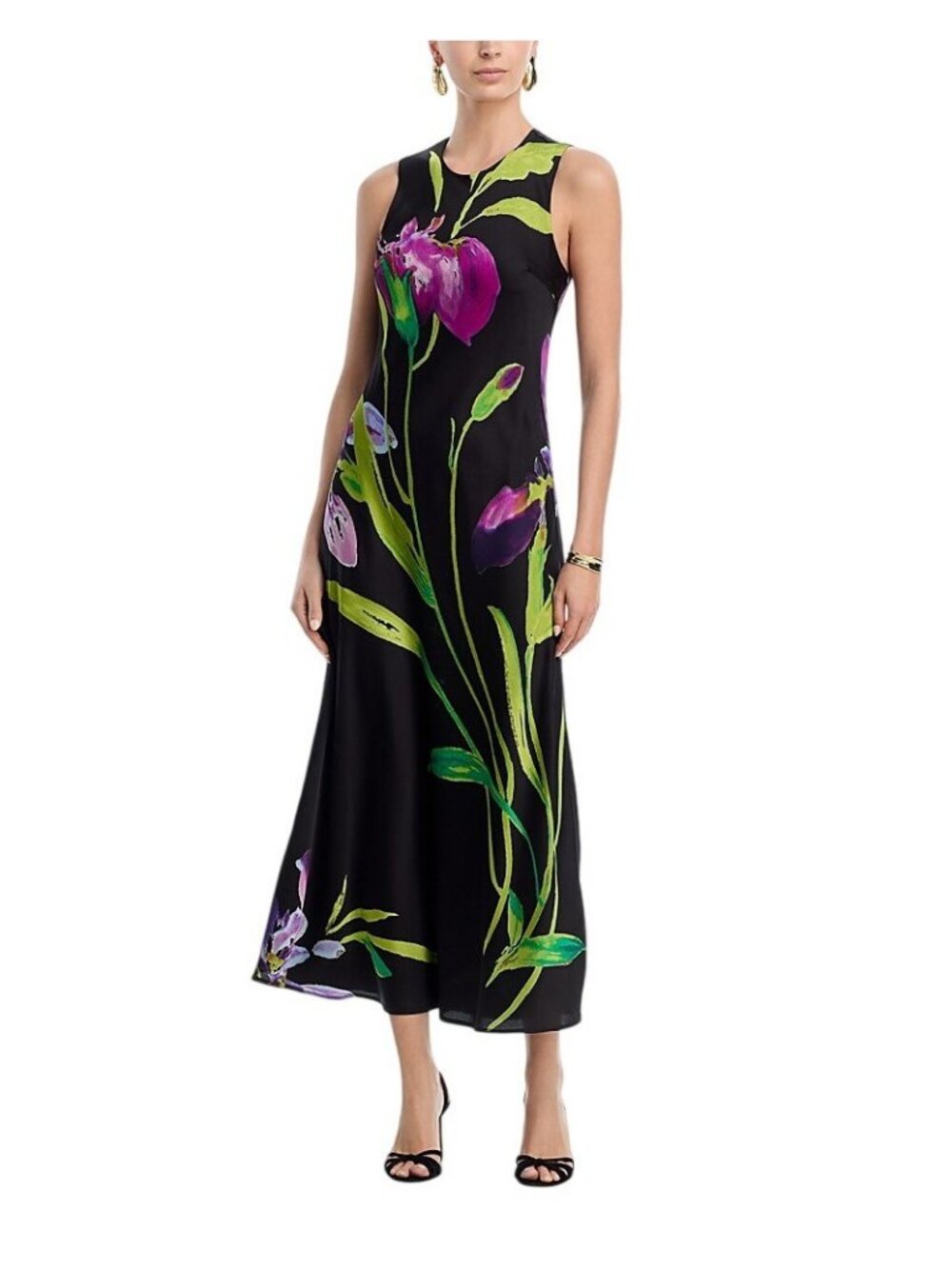 NWT Aqua Floral Satin Midi Dress STD14890BL black Multi M